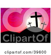 Clipart Illustration Of A Pink Sunset Sky Silhouetting Crosses On A Hill