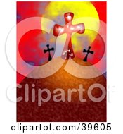 Poster, Art Print Of Red And Black Crosses On A Hill Against The Sun And Red Sky