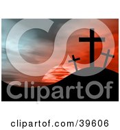 Clipart Illustration Of A Red Sunset Sky Silhouetting Crosses On A Hill