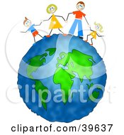 Poster, Art Print Of Happy Caucasian Family Holding Hands On Top Of The Globe