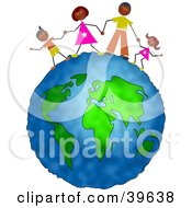 Poster, Art Print Of Happy Hispanic Family Holding Hands On Top Of The Globe