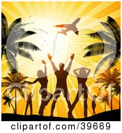 Poster, Art Print Of Silhouetted Men And Women Waving Goodbye To An Airplane While Dancing At A Beach Party Under Palm Trees