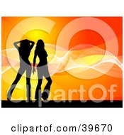 Poster, Art Print Of Two Silhouetted Ladies In Black Posing Against An Orange Background With White Waves