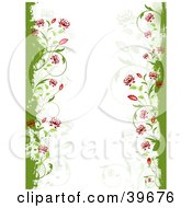 Poster, Art Print Of Side Stationery Border Of Red Flowers Emerging From Green Grunge On White With Faint Vines