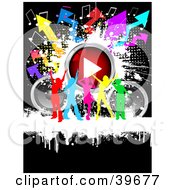 Poster, Art Print Of Group Of Colorful Silhouetted Ladies Dancing With Speakers A Play Button Music Notes And Arrows