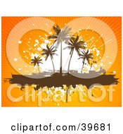 Poster, Art Print Of Bursting Orange Tropical Background Behind A White Splatter With Silhouetted Brown Palm Trees On A Text Box