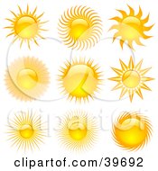Clipart Illustration Of Six Bright And Shiny Orange And Yellow Summer Suns