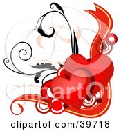 Clipart Illustration Of Two Shiny Red Hearts Over Circles And Vines With A Red Banner by dero