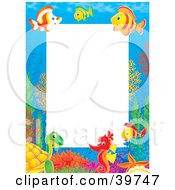 Poster, Art Print Of Underwater Stationery Border Of Tropical Fish Turtles And Seahorses Socializing