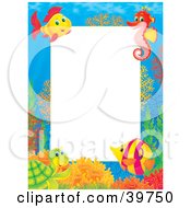 Poster, Art Print Of Underwater Stationery Border Of A Friendly Sea Turtle Tropical Fish And Seahorse At A Coral Reef