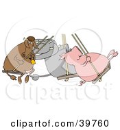 Cow Elephant And Pig Swinging Together On A Playground
