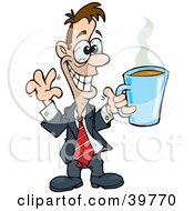 Poster, Art Print Of Hyper And Jittery Businessman With Red Eyes Holding Up A Cup Of Coffee