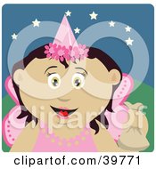 Poster, Art Print Of Friendly Tooth Fairy In A Pink Costume Holding Up A Bag