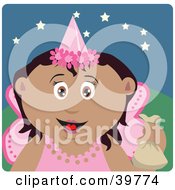 Happy Hispanic Tooth Fairy In A Pink Costume Holding Up A Bag