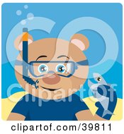 Poster, Art Print Of Blue Eyed Male Teddy Bear Wearing Blue Snorkel Gear Holding A Fish Underwater