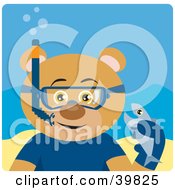 Poster, Art Print Of Brown Male Bear Wearing Blue Snorkel Gear Holding A Fish Underwater