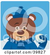 Poster, Art Print Of Brown Male Teddy Bear In Blue Throwing Snowballs