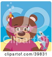 Poster, Art Print Of Brown Female Teddy Bear Wearing Pink Snorkel Gear Holding A Fish Underwater