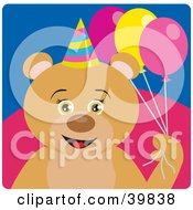 Poster, Art Print Of Brown Female Birthday Bear Holding Party Balloons