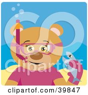 Poster, Art Print Of Brown Female Bear Wearing Pink Snorkel Gear Holding A Fish Underwater