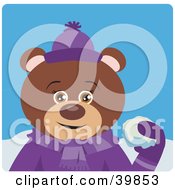 Brown Female Teddy Bear In Purple Throwing Snowballs