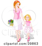 Poster, Art Print Of Happy Young Daughter Holding Hands And Walking With Her Mom On Mothers Day