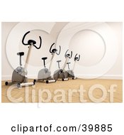 Clipart Illustration Of A Group Of 3d Stationery Bikes In The Corner Of A Gym by Frank Boston