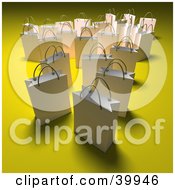 Clipart Illustration Of Scattered White 3d Shopping Bags On A Yellow Background With Shading by Frank Boston
