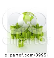 Clipart Illustration Of A Green And White Globe Surrounded By Green 3d Shopping Bags