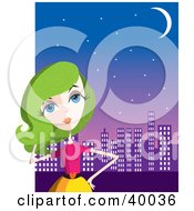 Poster, Art Print Of Fashionable Lady With Green Hair Standing In Front Of A City Skyline