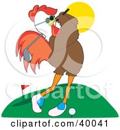 Poster, Art Print Of Cool Male Rooster In Shades Practicing His Golf Swing At A Course