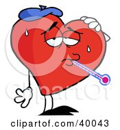 Sweaty Red Heart Sick With The Flu Wearing An Ice Pack A Thermometer Stuck In His Mouth by Hit Toon