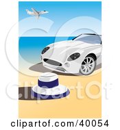 White Convertible Sports Car On A Beach An Airplane Flying Above