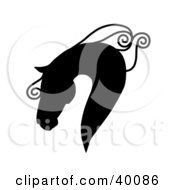 Clipart Illustration Of A Majestic Black Silhouetted Horse Head In Profile With A Curly Mane by C Charley-Franzwa #COLLC40086-0078