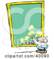 Poster, Art Print Of Short Old Male Professor Writing On A Sky Background Chalkboard