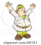 Poster, Art Print Of Happy Male Explorer Holding Up His Arms While Coming Upon An Amazing Discovery