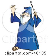 Poster, Art Print Of Smiling Old Wizard With White Facial Hair Holding Up His Wand