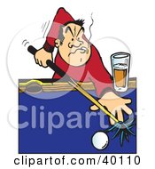 Male Billiards Player Aiming A Cue Stick On A Pool Table Smoking And Drinking