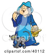 Cat Rubbing Against A Friendly Graying Witch In Blue