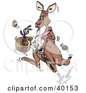 Clipart Illustration Of A Bunny Rabbit Riding In A Kangaroos Pouch And Carrying Easter Eggs In A Basket by Dennis Holmes Designs