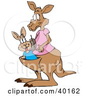 Clipart Illustration Of A Joey Kangaroo Talking On A Cell Phone In His Mothers Pouch by Dennis Holmes Designs