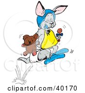 Hopping Baby Kangaroo Carrying A Teddy Bear And Rattle