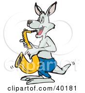Poster, Art Print Of Musical Gray Kangaroo Playing A Saxophone