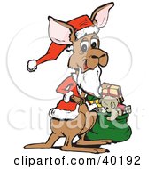 Poster, Art Print Of Christmas Santa Kangaroo Holding A Sack Of Toys And Presents