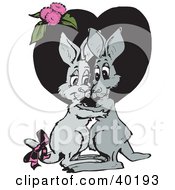 Poster, Art Print Of Loving Kangaroo Couple Embracing In Front Of A Black Heart With Pink Flowers