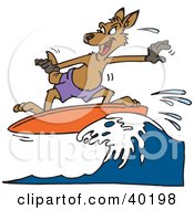 Clipart Illustration Of A Brown Kangaroo Surfing On Top Of A Wave by Dennis Holmes Designs