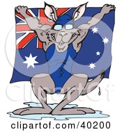 Clipart Illustration Of An Aussie Swimmer Kangaroo Dripping Wet And Holding Up An Australian Flag