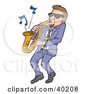 Poster, Art Print Of Cool Caucasian Man Wearing Shades And Leaning Back While Playing Blues Music On A Sax