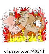 Clipart Illustration Of A Tough Bull Holding A Chicken And Pig And Standing In Hot Flames by LaffToon #COLLC40211-0065