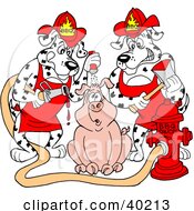 Clipart Illustration of Two Hungry Fire House Dalmatian Dogs Pouring Bbq Sauce On A Pig by LaffToon #COLLC40213-0065